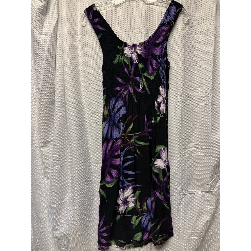 Hibiscus Hawaii Tropical Floral Dress Black Purple Green Sundress Resort OS